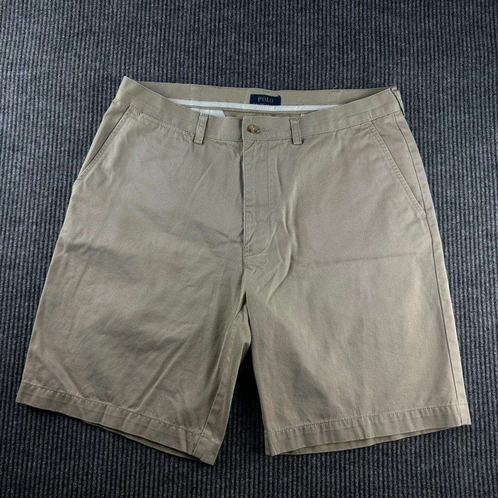 Polo Ralph Lauren Mens Khaki Tan Cotton Chino Shorts Size 35 Flat Front 9 Inseam
